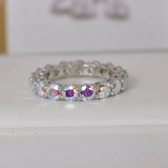 GRA Certified AB Moonstone All Moissanite Eternity Ring 925 Sterling - Picture 2 of 4